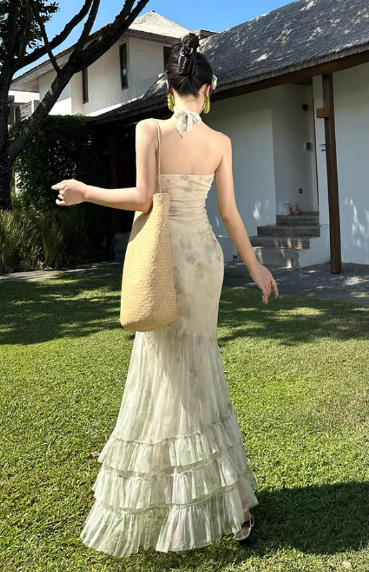 Ethereal Green Mesh Splicing Maxi Dress Seaside Outfit Strapless Tiered Ruffled Hem Mermaid Long Dress AP1577