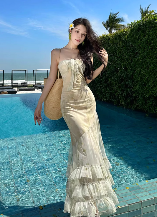 Ethereal Green Mesh Splicing Maxi Dress Seaside Outfit Strapless Tiered Ruffled Hem Mermaid Long Dress AP1577