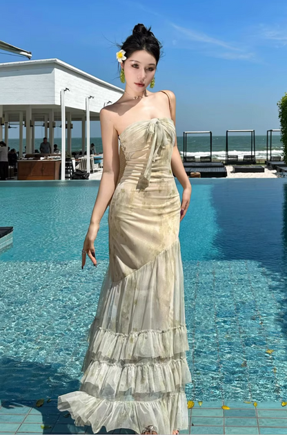 Ethereal Green Mesh Splicing Maxi Dress Seaside Outfit Strapless Tiered Ruffled Hem Mermaid Long Dress AP1577