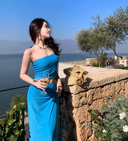 Vogue Cobalt Blue Tube Top Maxi Dress Two-Piece Set Strapless Sheath Sheer Midriff Band Mermaid Long Dress AP1578