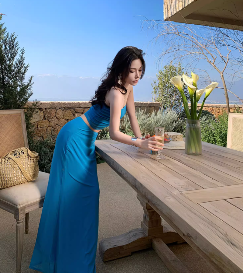 Vogue Cobalt Blue Tube Top Maxi Dress Two-Piece Set Strapless Sheath Sheer Midriff Band Mermaid Long Dress AP1578