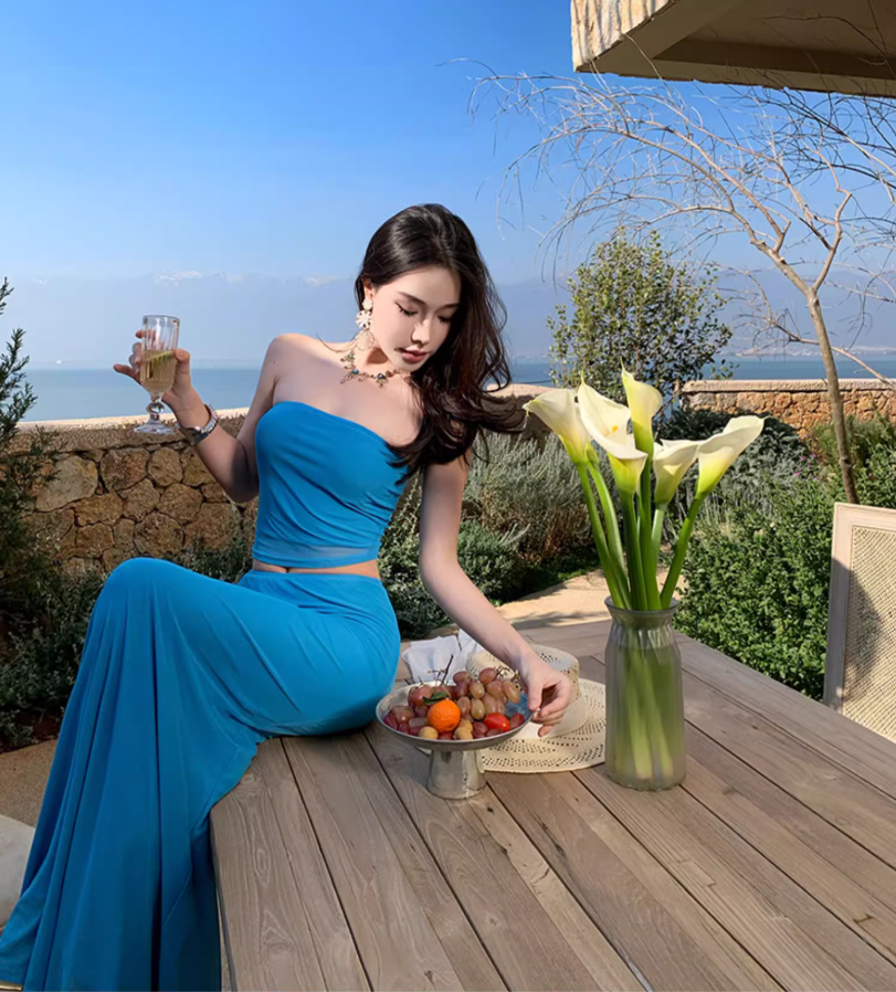 Vogue Cobalt Blue Tube Top Maxi Dress Two-Piece Set Strapless Sheath Sheer Midriff Band Mermaid Long Dress AP1578