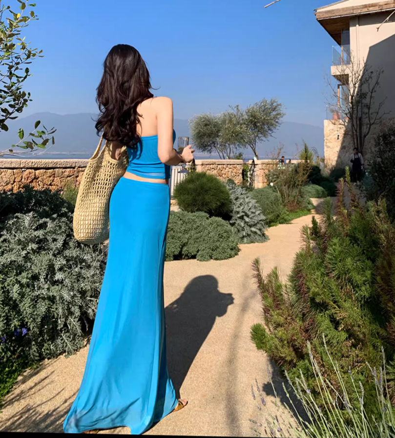 Vogue Cobalt Blue Tube Top Maxi Dress Two-Piece Set Strapless Sheath Sheer Midriff Band Mermaid Long Dress AP1578