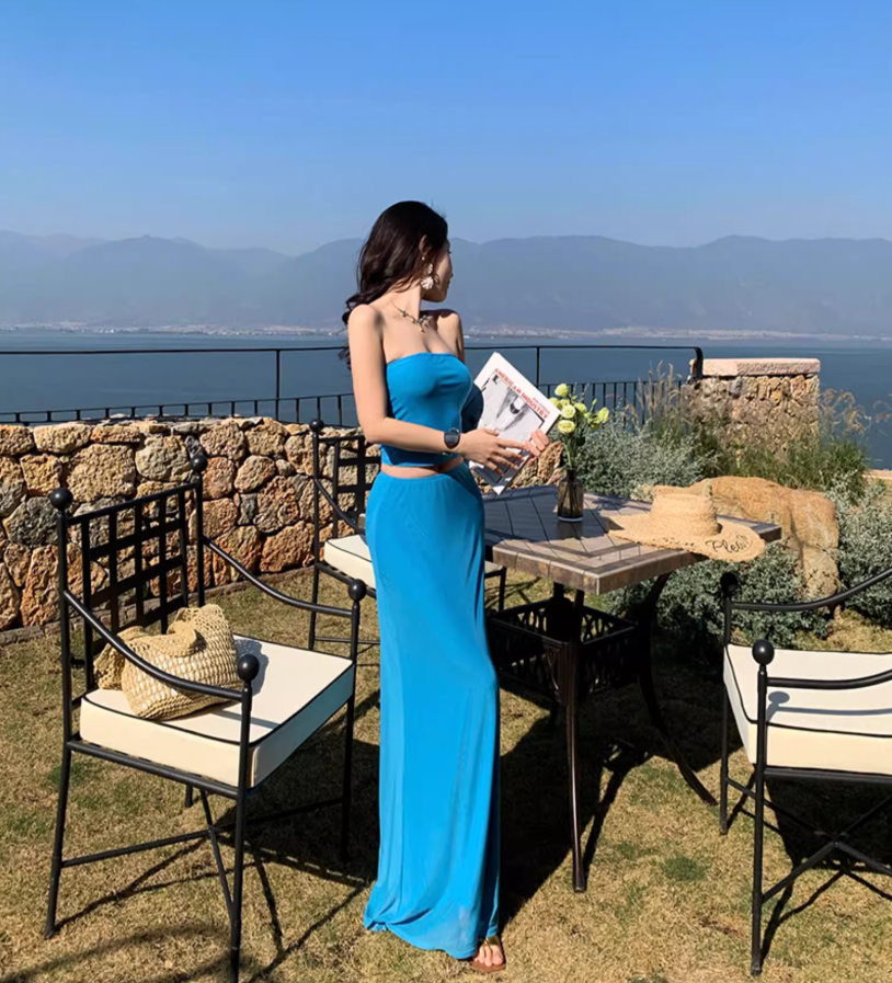 Vogue Cobalt Blue Tube Top Maxi Dress Two-Piece Set Strapless Sheath Sheer Midriff Band Mermaid Long Dress AP1578