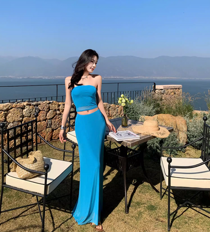 Vogue Cobalt Blue Tube Top Maxi Dress Two-Piece Set Strapless Sheath Sheer Midriff Band Mermaid Long Dress AP1578