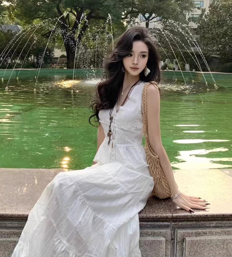 Chic Sleeveless Lace Trimmed Maxi Dress Two-Piece Set Flowy Ruffles Hem Versatile Outfit Long Dress AP1579