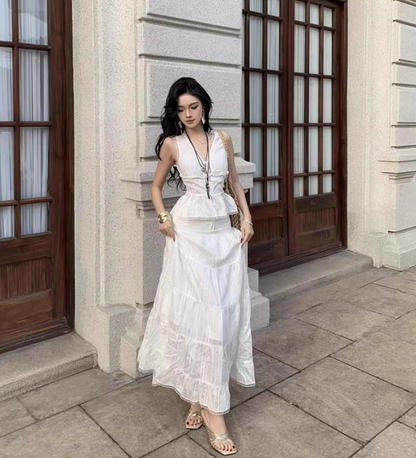 Chic Sleeveless Lace Trimmed Maxi Dress Two-Piece Set Flowy Ruffles Hem Versatile Outfit Long Dress AP1579