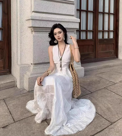 Chic Sleeveless Lace Trimmed Maxi Dress Two-Piece Set Flowy Ruffles Hem Versatile Outfit Long Dress AP1579