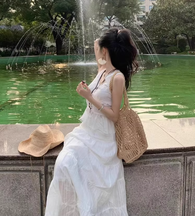 Chic Sleeveless Lace Trimmed Maxi Dress Two-Piece Set Flowy Ruffles Hem Versatile Outfit Long Dress AP1579