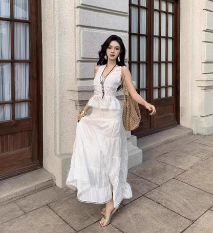 Chic Sleeveless Lace Trimmed Maxi Dress Two-Piece Set Flowy Ruffles Hem Versatile Outfit Long Dress AP1579