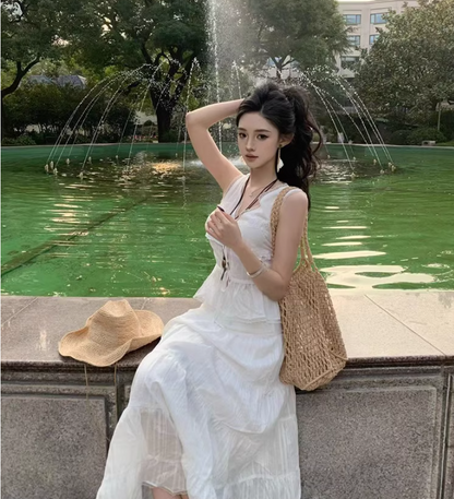 Chic Sleeveless Lace Trimmed Maxi Dress Two-Piece Set Flowy Ruffles Hem Versatile Outfit Long Dress AP1579