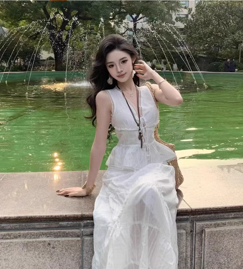 Chic Sleeveless Lace Trimmed Maxi Dress Two-Piece Set Flowy Ruffles Hem Versatile Outfit Long Dress AP1579