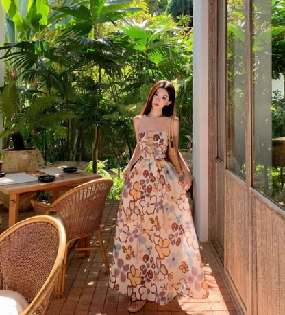 Cute Floral Pattern Print Cutout Maxi Dress Strapless Outdoor Events Flowy Tie-Back Backless Long Dress AP1580