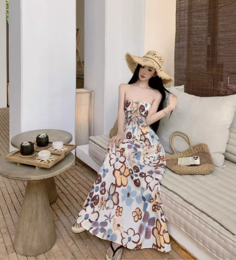 Cute Floral Pattern Print Cutout Maxi Dress Strapless Outdoor Events Flowy Tie-Back Backless Long Dress AP1580
