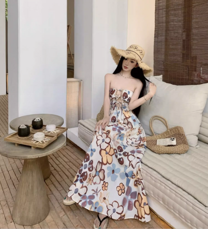 Cute Floral Pattern Print Cutout Maxi Dress Strapless Outdoor Events Flowy Tie-Back Backless Long Dress AP1580