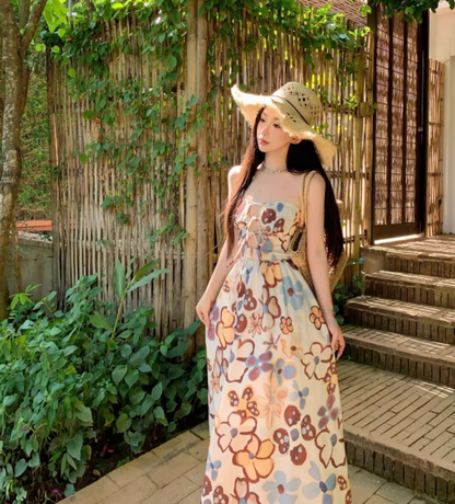 Cute Floral Pattern Print Cutout Maxi Dress Strapless Outdoor Events Flowy Tie-Back Backless Long Dress AP1580