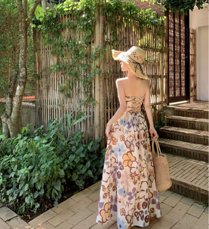 Cute Floral Pattern Print Cutout Maxi Dress Strapless Outdoor Events Flowy Tie-Back Backless Long Dress AP1580
