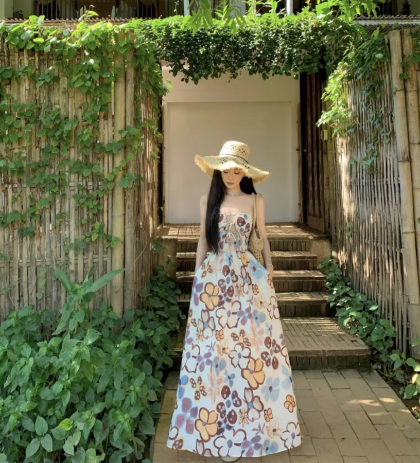 Cute Floral Pattern Print Cutout Maxi Dress Strapless Outdoor Events Flowy Tie-Back Backless Long Dress AP1580