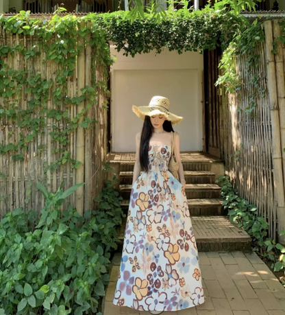 Cute Floral Pattern Print Cutout Maxi Dress Strapless Outdoor Events Flowy Tie-Back Backless Long Dress AP1580