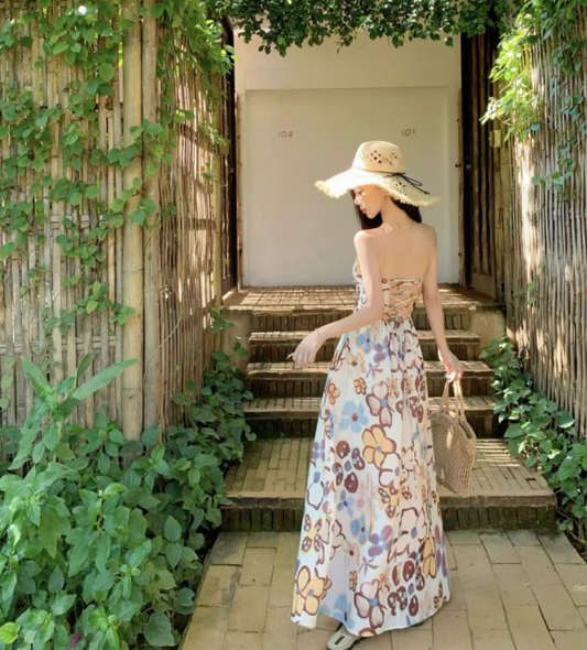 Cute Floral Pattern Print Cutout Maxi Dress Strapless Outdoor Events Flowy Tie-Back Backless Long Dress AP1580