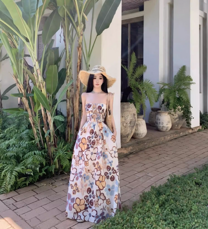 Cute Floral Pattern Print Cutout Maxi Dress Strapless Outdoor Events Flowy Tie-Back Backless Long Dress AP1580