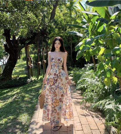 Cute Floral Pattern Print Cutout Maxi Dress Strapless Outdoor Events Flowy Tie-Back Backless Long Dress AP1580