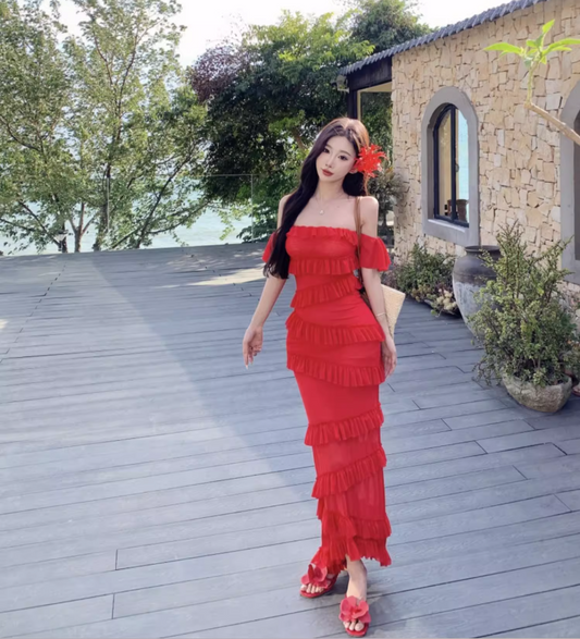 Sexy Off-Shoulder Red Ruffles Trimmed Maxi Dress Vogue Bodycon Fit Scenic Gatherings Tiered Hem Backless Long Dress AP1581