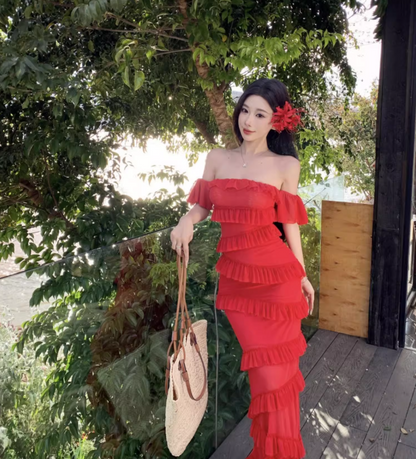 Sexy Off-Shoulder Red Ruffles Trimmed Maxi Dress Vogue Bodycon Fit Scenic Gatherings Tiered Hem Backless Long Dress AP1581
