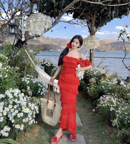 Sexy Off-Shoulder Red Ruffles Trimmed Maxi Dress Vogue Bodycon Fit Scenic Gatherings Tiered Hem Backless Long Dress AP1581
