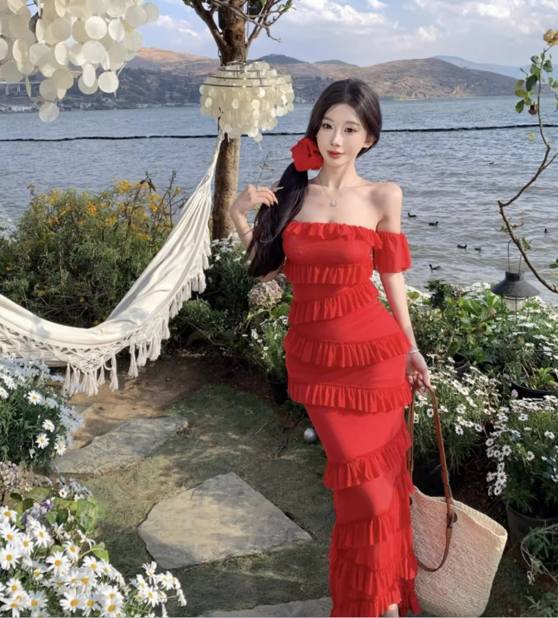 Sexy Off-Shoulder Red Ruffles Trimmed Maxi Dress Vogue Bodycon Fit Scenic Gatherings Tiered Hem Backless Long Dress AP1581