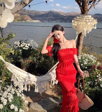 Sexy Off-Shoulder Red Ruffles Trimmed Maxi Dress Vogue Bodycon Fit Scenic Gatherings Tiered Hem Backless Long Dress AP1581