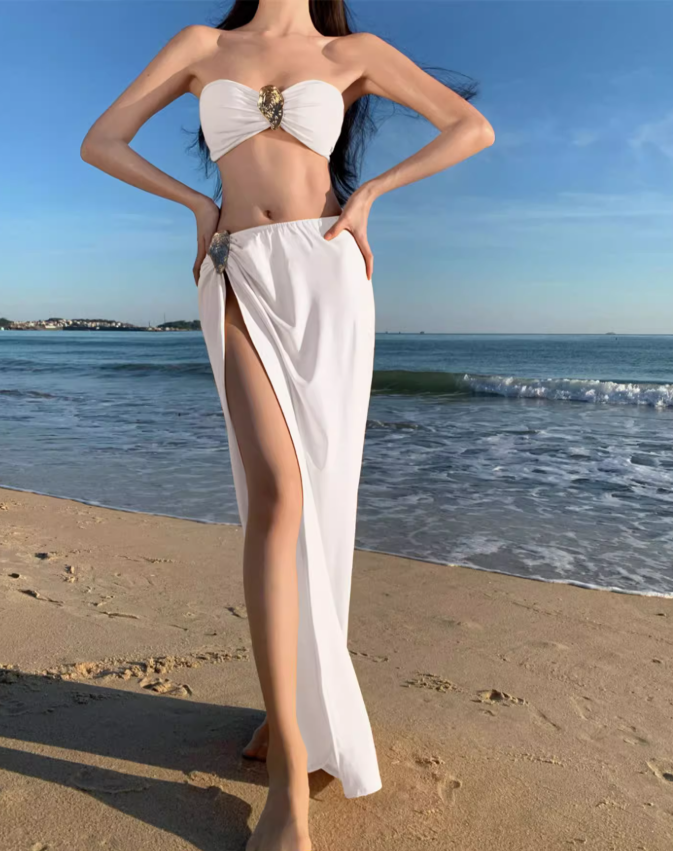Grecian-Inspired White Bandeau Maxi Skirt Chic High-Slit Bodycon Fit Gold-Accent Beach Vacation Outfit Long Dress AP1582