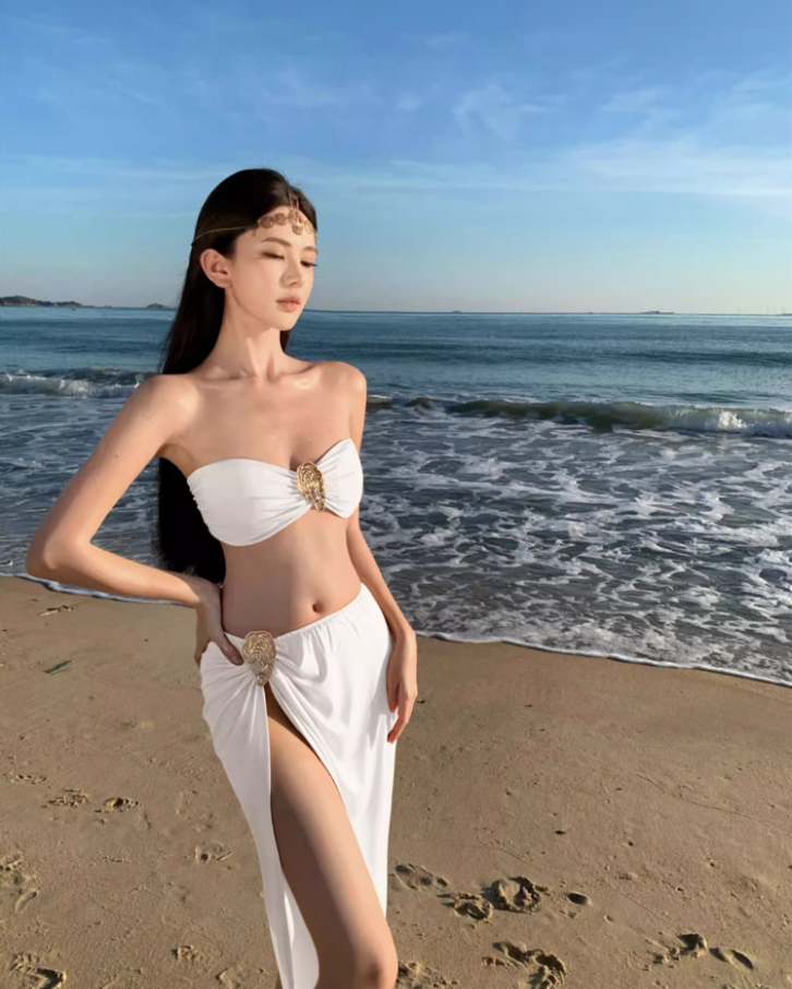 Grecian-Inspired White Bandeau Maxi Skirt Chic High-Slit Bodycon Fit Gold-Accent Beach Vacation Outfit Long Dress AP1582