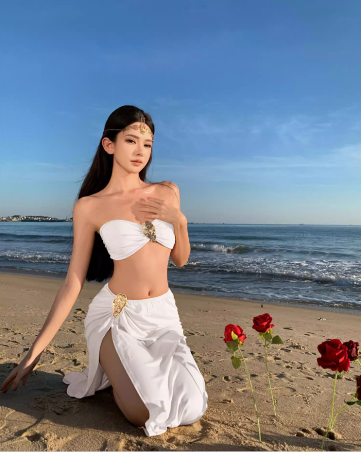 Grecian-Inspired White Bandeau Maxi Skirt Chic High-Slit Bodycon Fit Gold-Accent Beach Vacation Outfit Long Dress AP1582