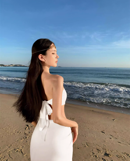 Grecian-Inspired White Bandeau Maxi Skirt Chic High-Slit Bodycon Fit Gold-Accent Beach Vacation Outfit Long Dress AP1582