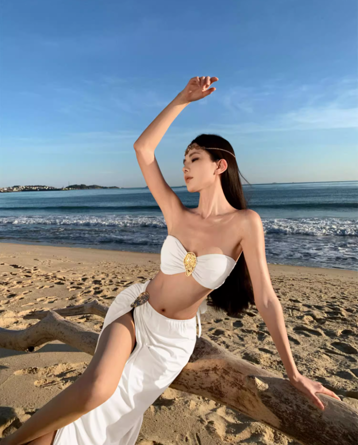 Grecian-Inspired White Bandeau Maxi Skirt Chic High-Slit Bodycon Fit Gold-Accent Beach Vacation Outfit Long Dress AP1582