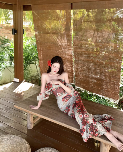 French-Inspired Floral Print Ruffles Lace Trimmed Maxi Dress Vintage Off-Shoulder Bodycon Vacation Outfit Long Dress AP1583