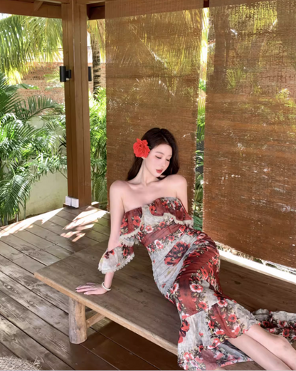 French-Inspired Floral Print Ruffles Lace Trimmed Maxi Dress Vintage Off-Shoulder Bodycon Vacation Outfit Long Dress AP1583