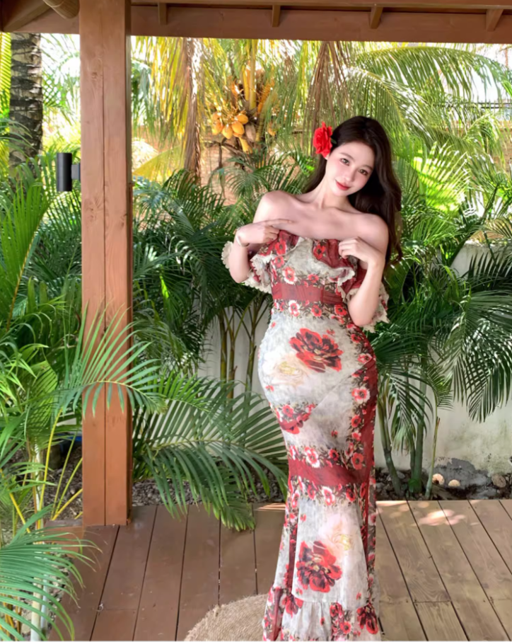 French-Inspired Floral Print Ruffles Lace Trimmed Maxi Dress Vintage Off-Shoulder Bodycon Vacation Outfit Long Dress AP1583