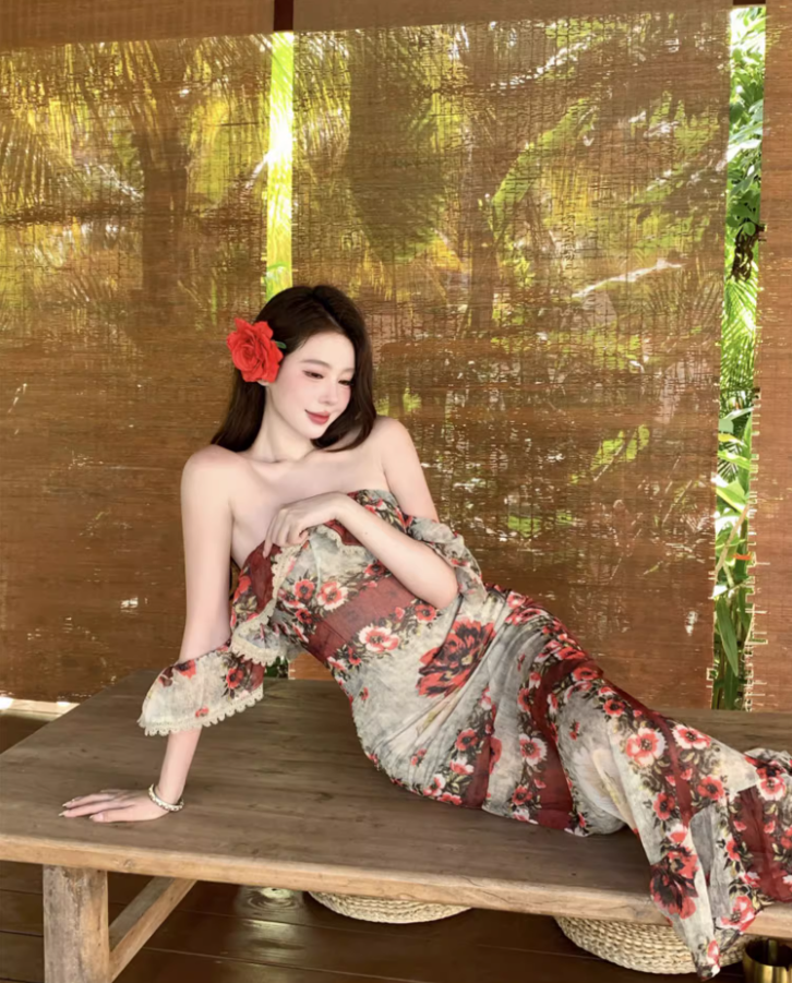 French-Inspired Floral Print Ruffles Lace Trimmed Maxi Dress Vintage Off-Shoulder Bodycon Vacation Outfit Long Dress AP1583