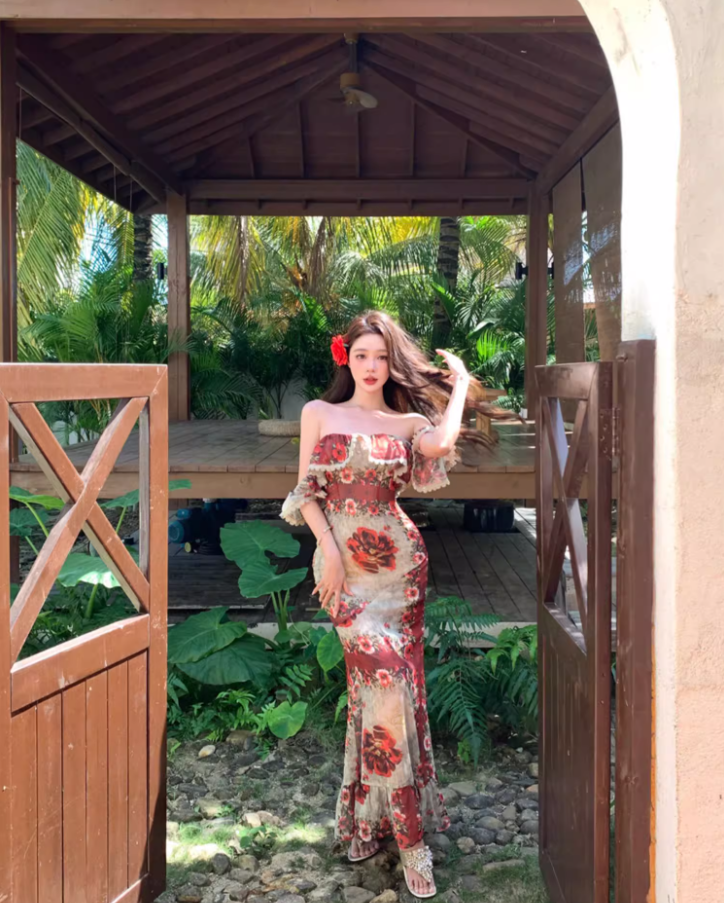 French-Inspired Floral Print Ruffles Lace Trimmed Maxi Dress Vintage Off-Shoulder Bodycon Vacation Outfit Long Dress AP1583