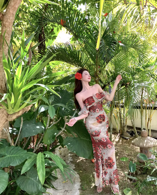 French-Inspired Floral Print Ruffles Lace Trimmed Maxi Dress Vintage Off-Shoulder Bodycon Vacation Outfit Long Dress AP1583