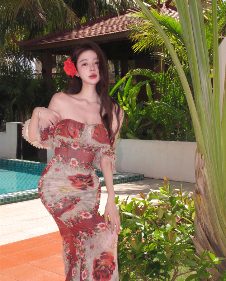 French-Inspired Floral Print Ruffles Lace Trimmed Maxi Dress Vintage Off-Shoulder Bodycon Vacation Outfit Long Dress AP1583