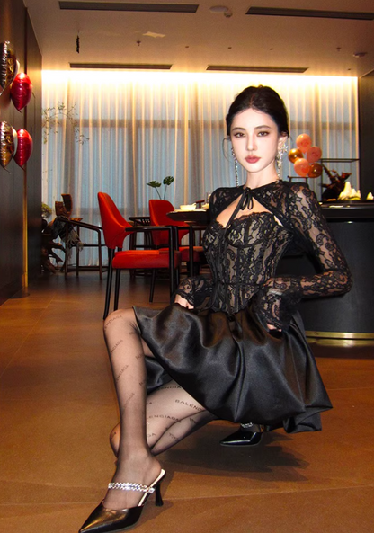 Gothic-Inspired Summer Black Lace Corset Mini Skirt Chic Party Outfit Detachable Lace Long Sheer Sleeves Short Dress AP1584