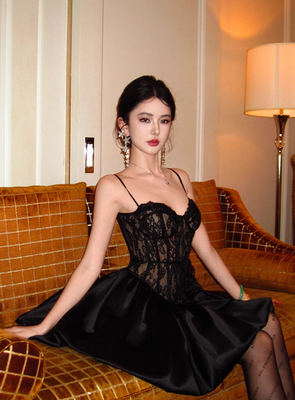 Gothic-Inspired Summer Black Lace Corset Mini Skirt Chic Party Outfit Detachable Lace Long Sheer Sleeves Short Dress AP1584