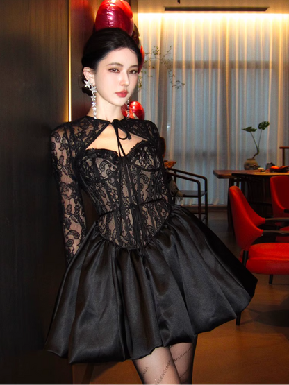 Gothic-Inspired Summer Black Lace Corset Mini Skirt Chic Party Outfit Detachable Lace Long Sheer Sleeves Short Dress AP1584