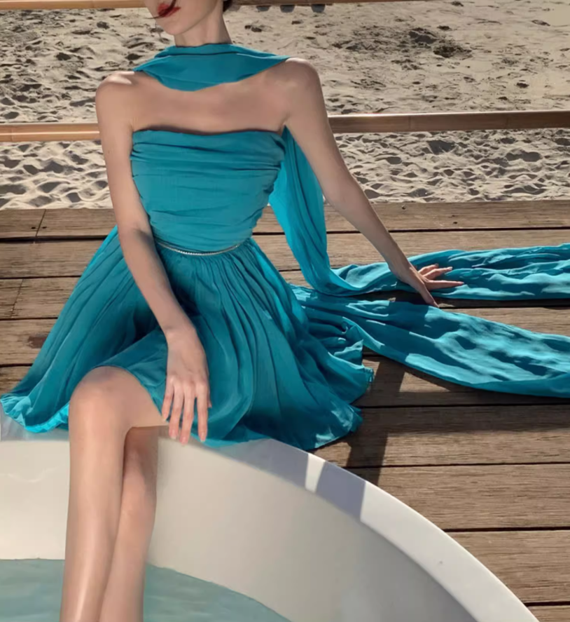 Vintage Teal Beach Vacays Tulle Layered Mini Skirt Charming Party Outfit Strapless Sash Detail Short Dress AP1585