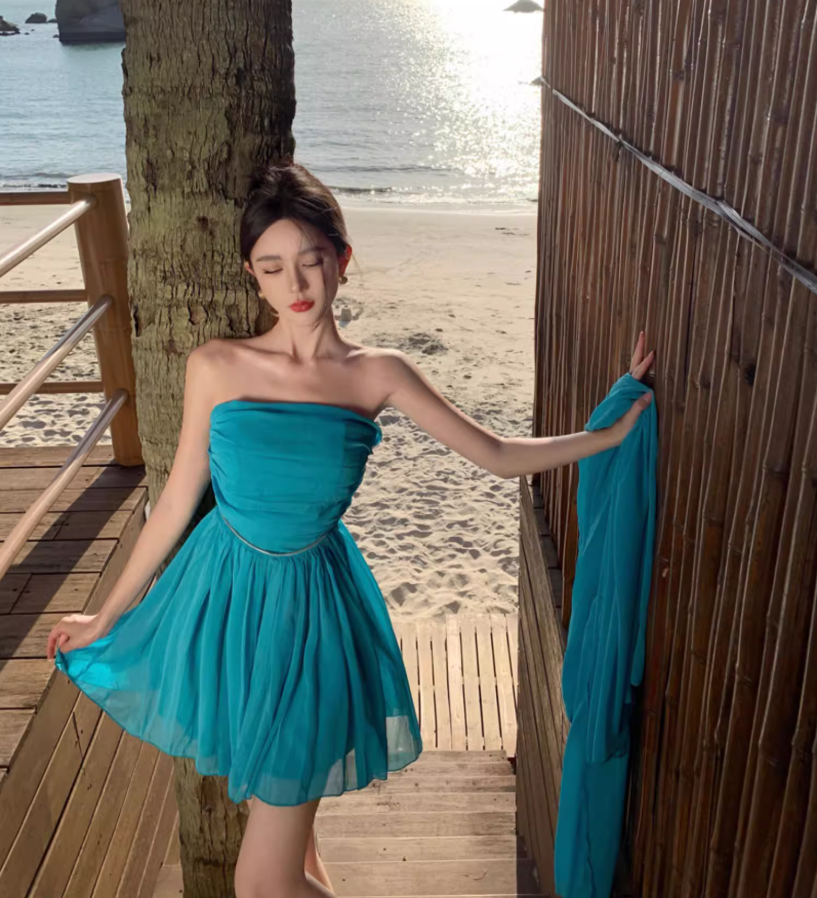Vintage Teal Beach Vacays Tulle Layered Mini Skirt Charming Party Outfit Strapless Sash Detail Short Dress AP1585