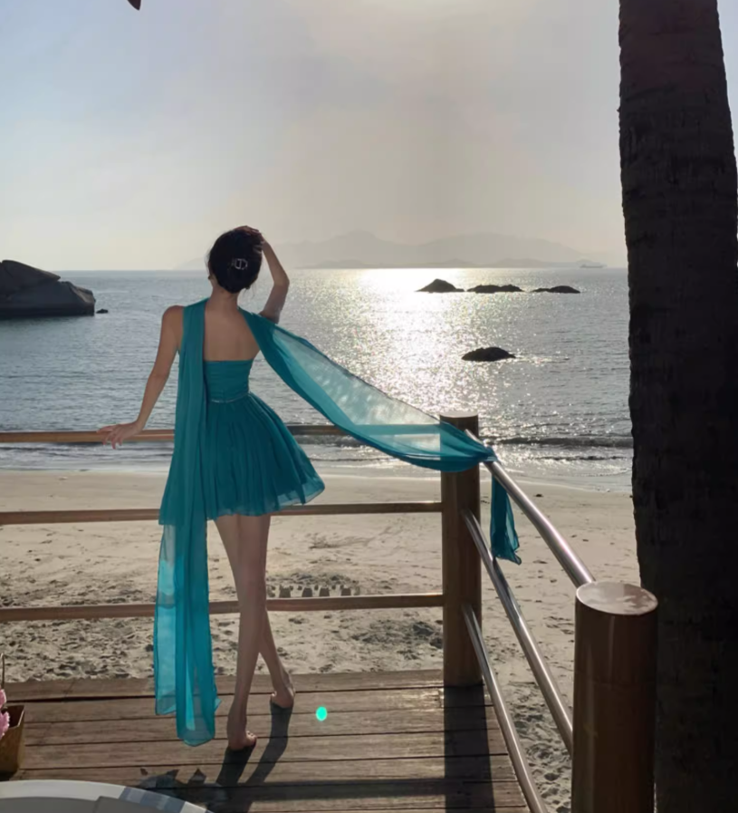 Vintage Teal Beach Vacays Tulle Layered Mini Skirt Charming Party Outfit Strapless Sash Detail Short Dress AP1585