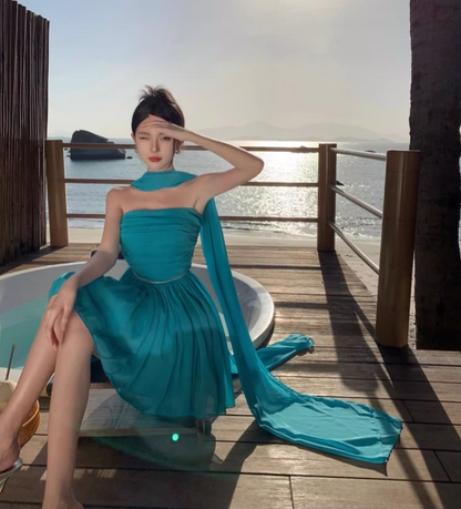 Vintage Teal Beach Vacays Tulle Layered Mini Skirt Charming Party Outfit Strapless Sash Detail Short Dress AP1585